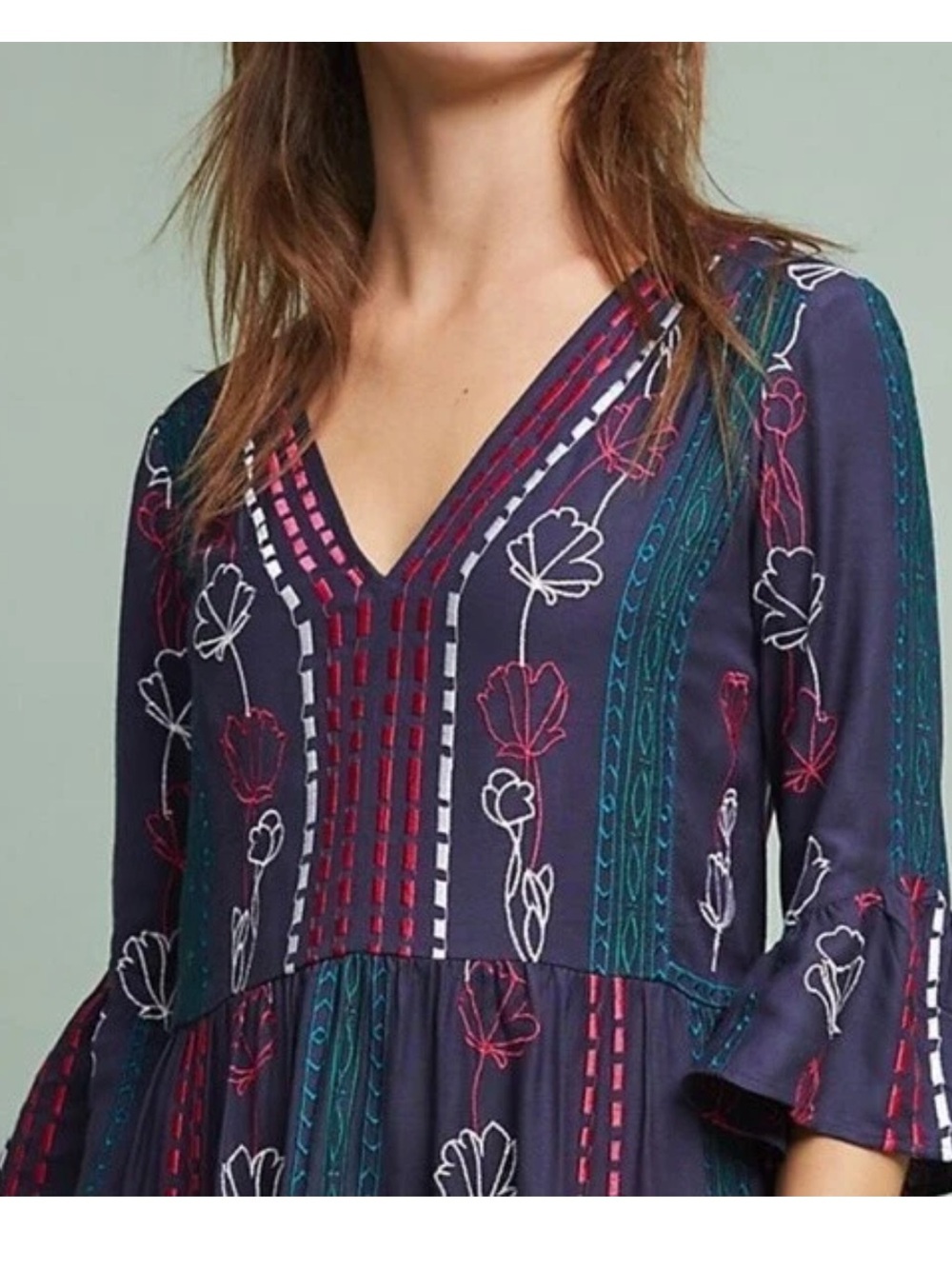 Anthropologie Akemi + Kin Navy Blue Embroidered Boho Floral Mini Dress Size 8 - Picture 2 of 12